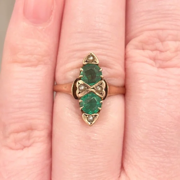 Antique Edwardian 10K Green Ring, Size 5.5, Rose Gold, Navette - Picture 3 of 17